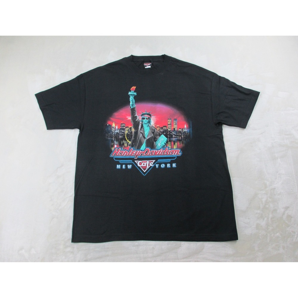 VINTAGE Harley Davidson Shirt Mens Extra Large Black New York Cafe Liberty 90s*